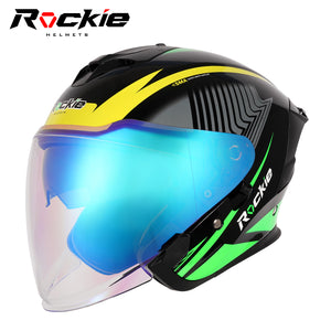 Rockie helmet R3(Assassin) Motocycle Dual Visor Open Face Helmet(Black Yellow Green)
