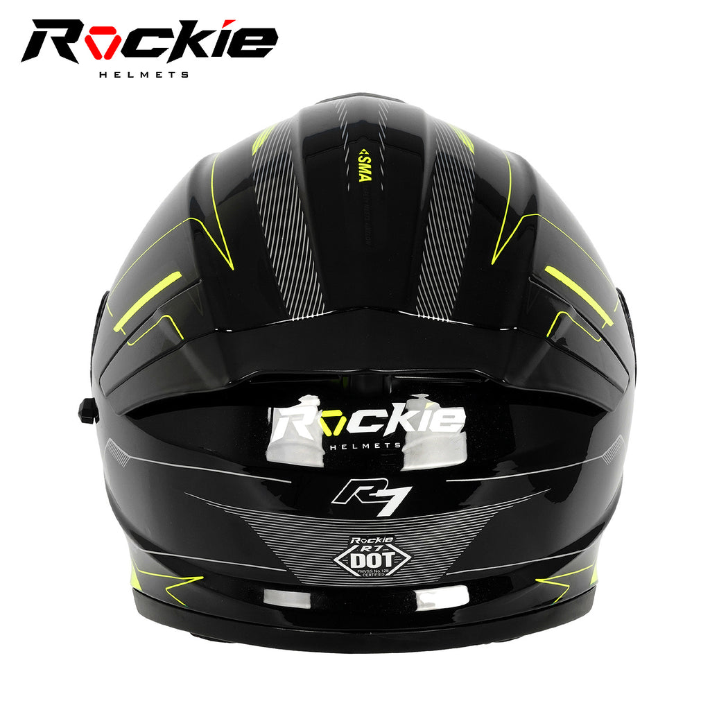 black motorcycle helmet with yellow stripe Rockie helmet R7(Navigator) Motocycle Dual Visor Full Face Helmet(Blac – Rockie Helmets